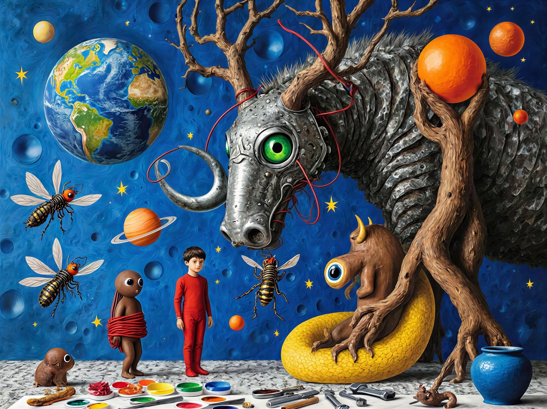 Surreal Painting of Boy, Creature, and Space Elements