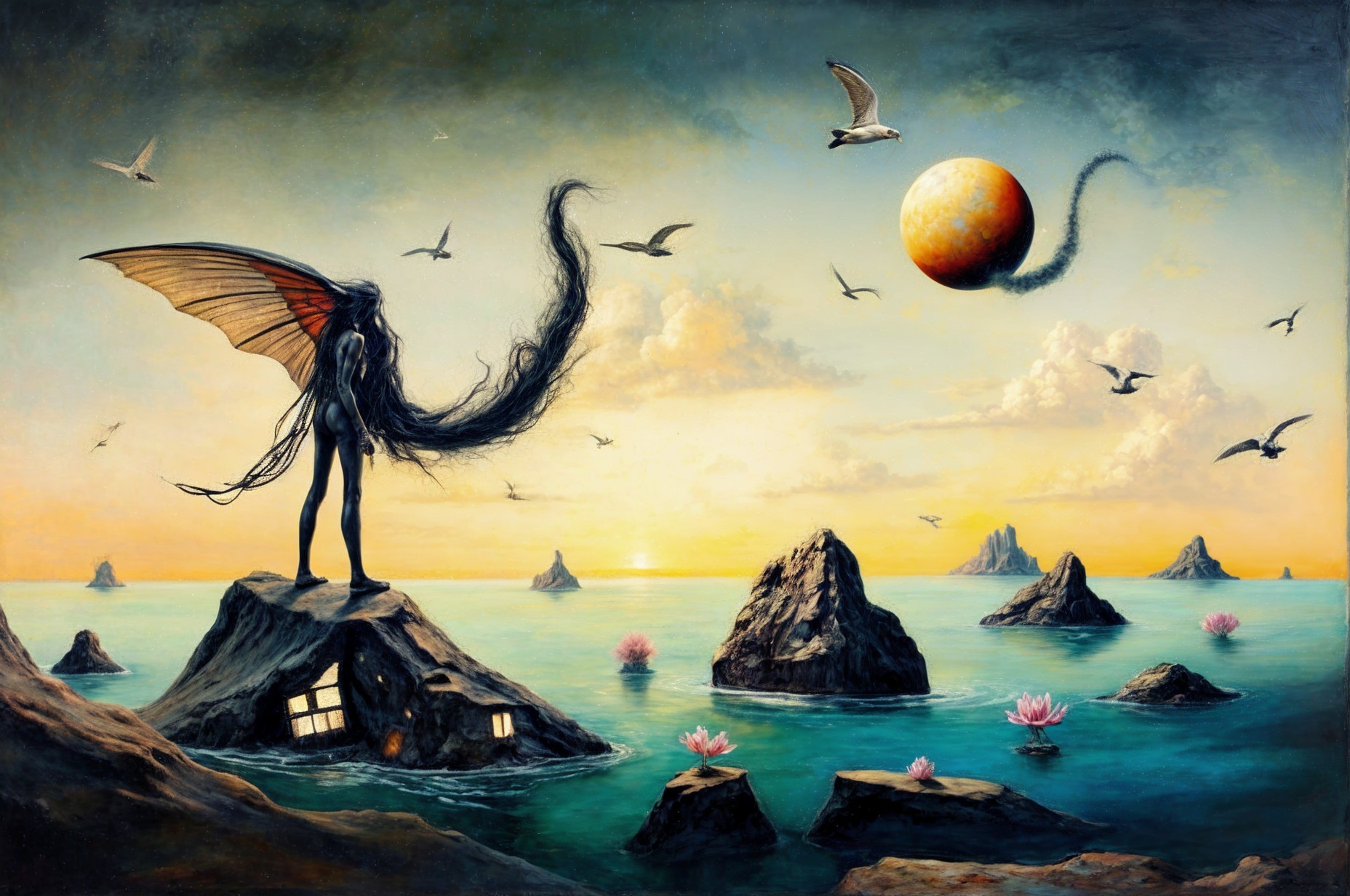 Surreal Landscape with Butterfly Wings and Sunset