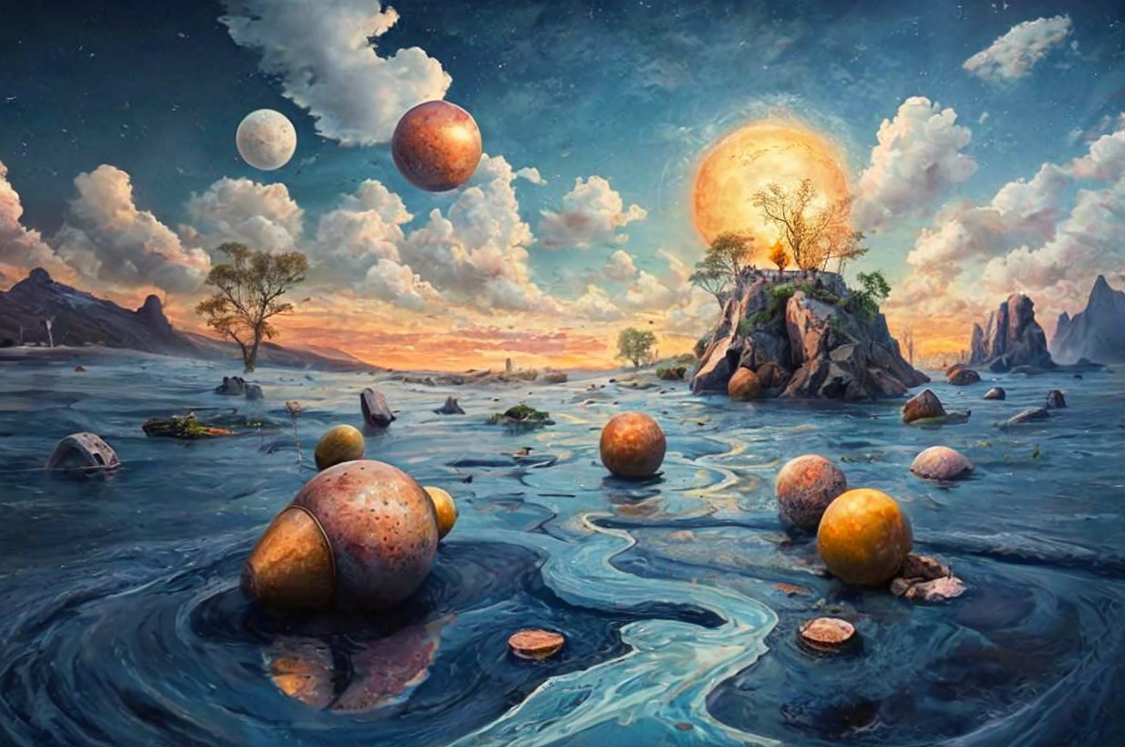 Surreal Landscape with Oversized Celestial Bodies