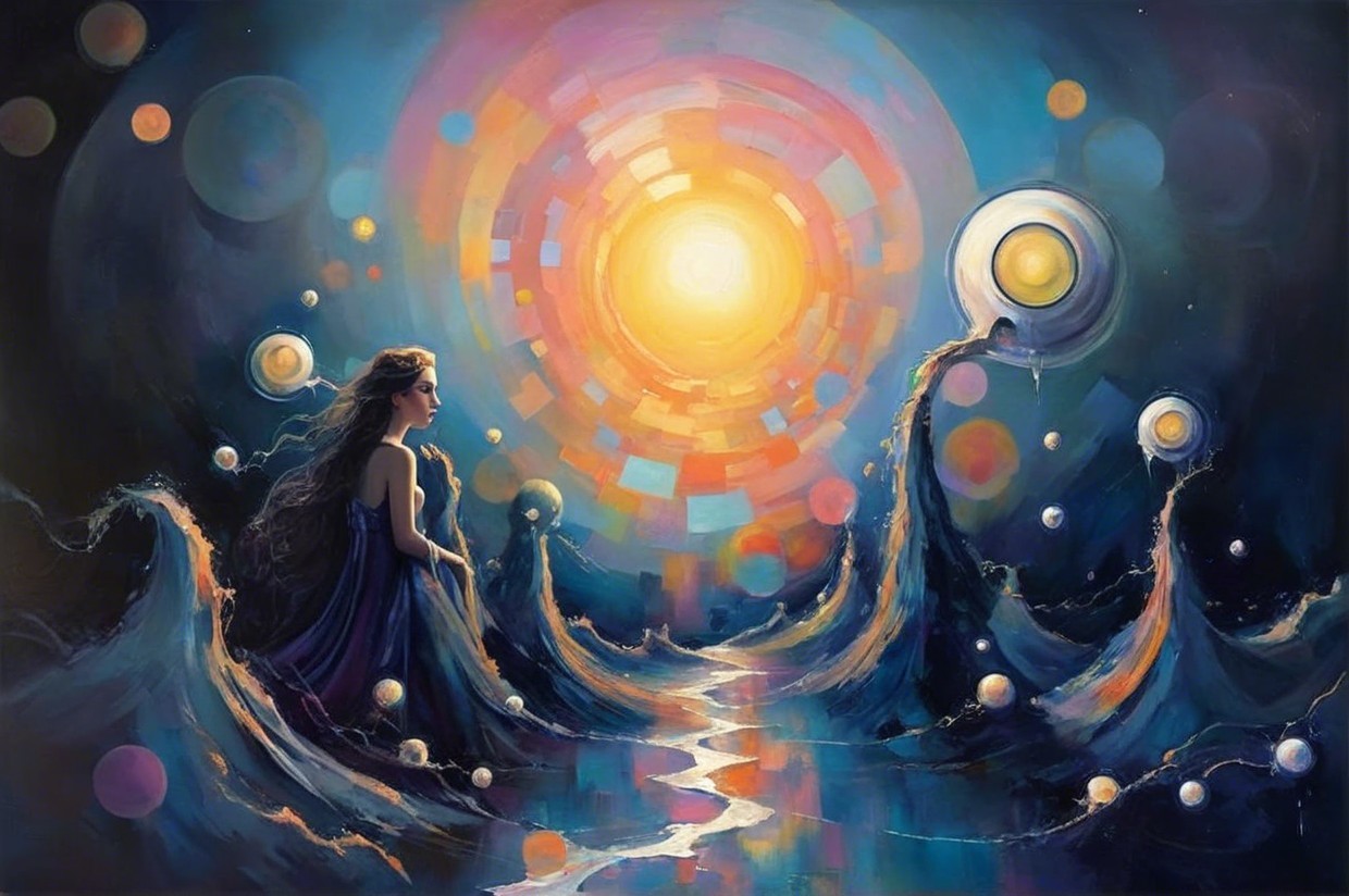 Mystical Cosmic Landscape with Woman and Celestial Orbs