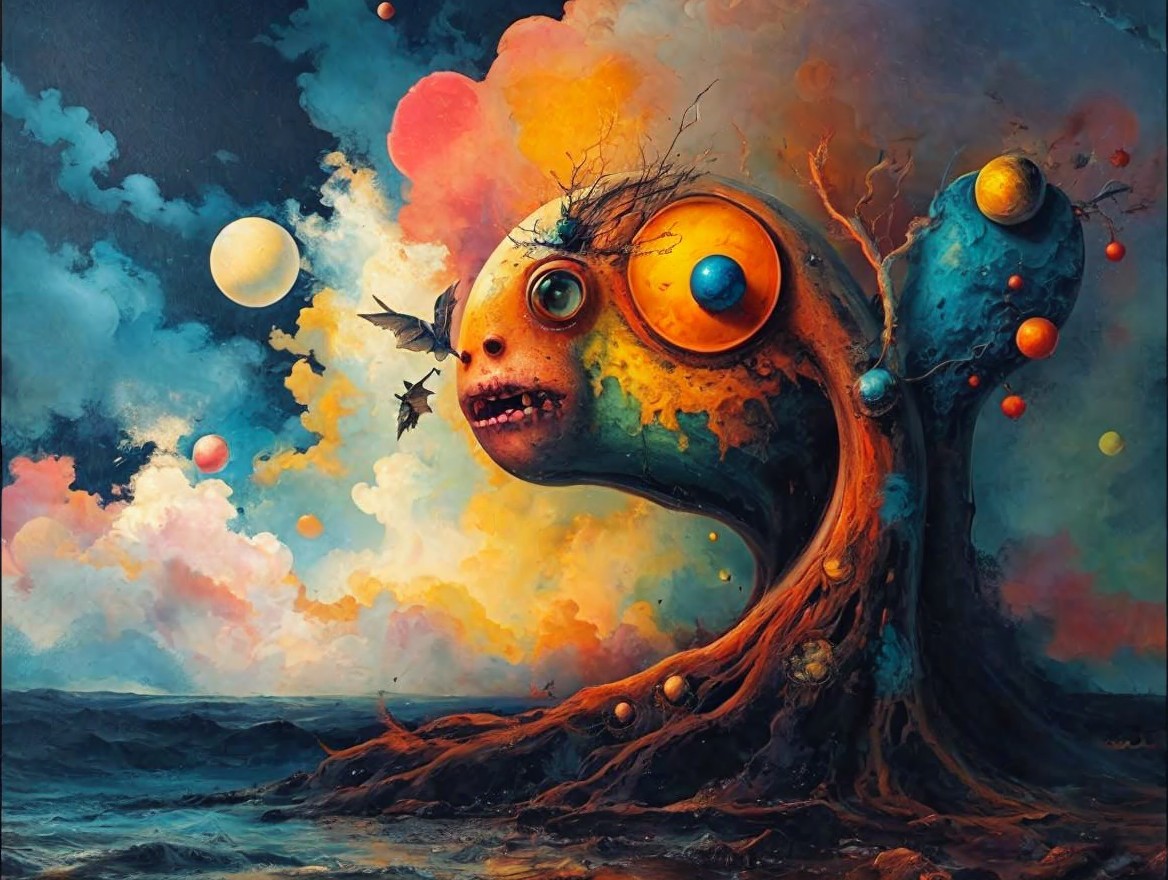 Surreal Landscape with Colossal Creature and Planets