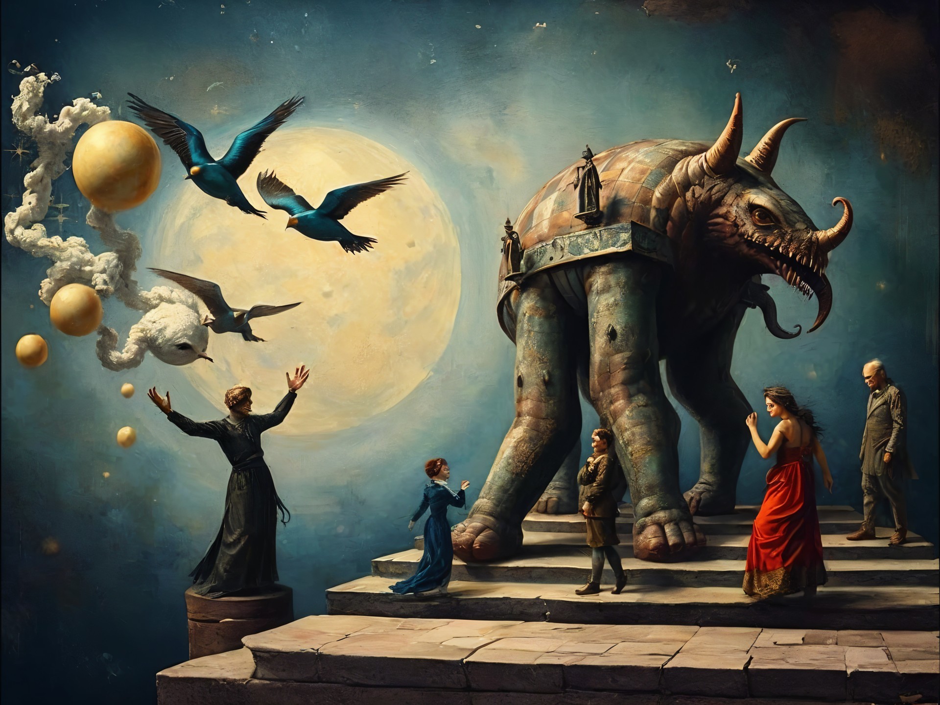 Surreal Landscape with Ornate Elephant and Figures