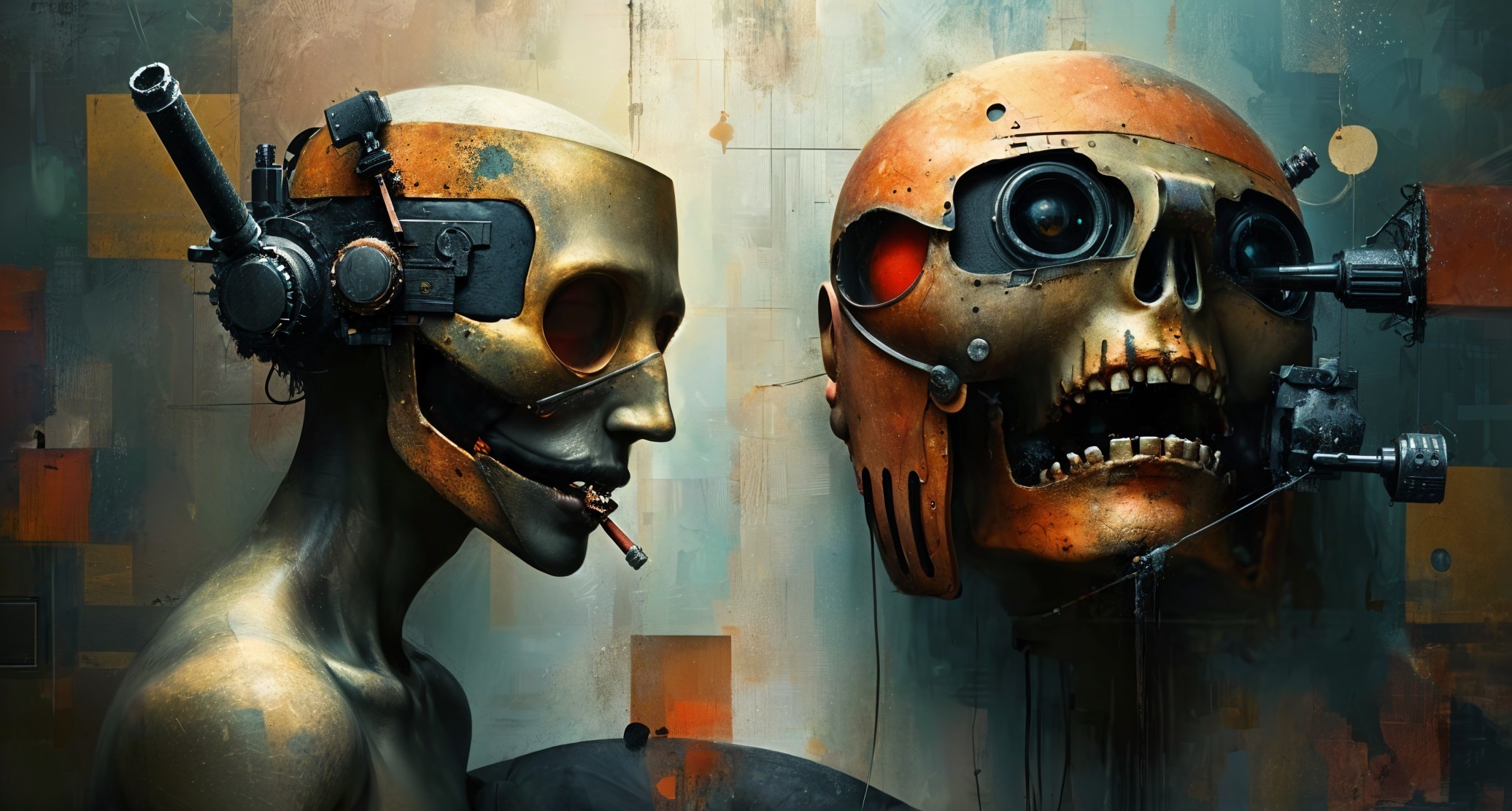 Metallic Humanoid Figures in Dystopian Art Setting