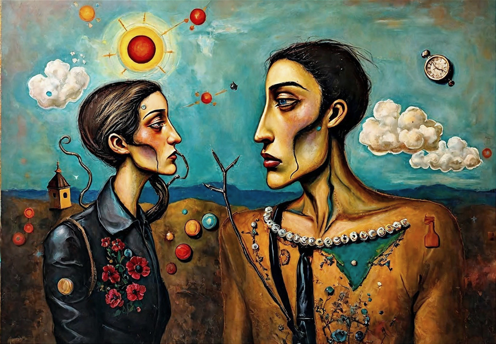 Surrealist Painting of a Couple in Dreamlike Landscape