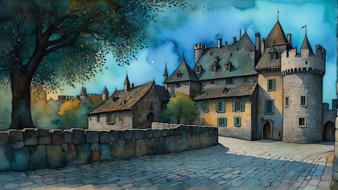 Medieval Castle Surrounded by Lush Greenery and Sky