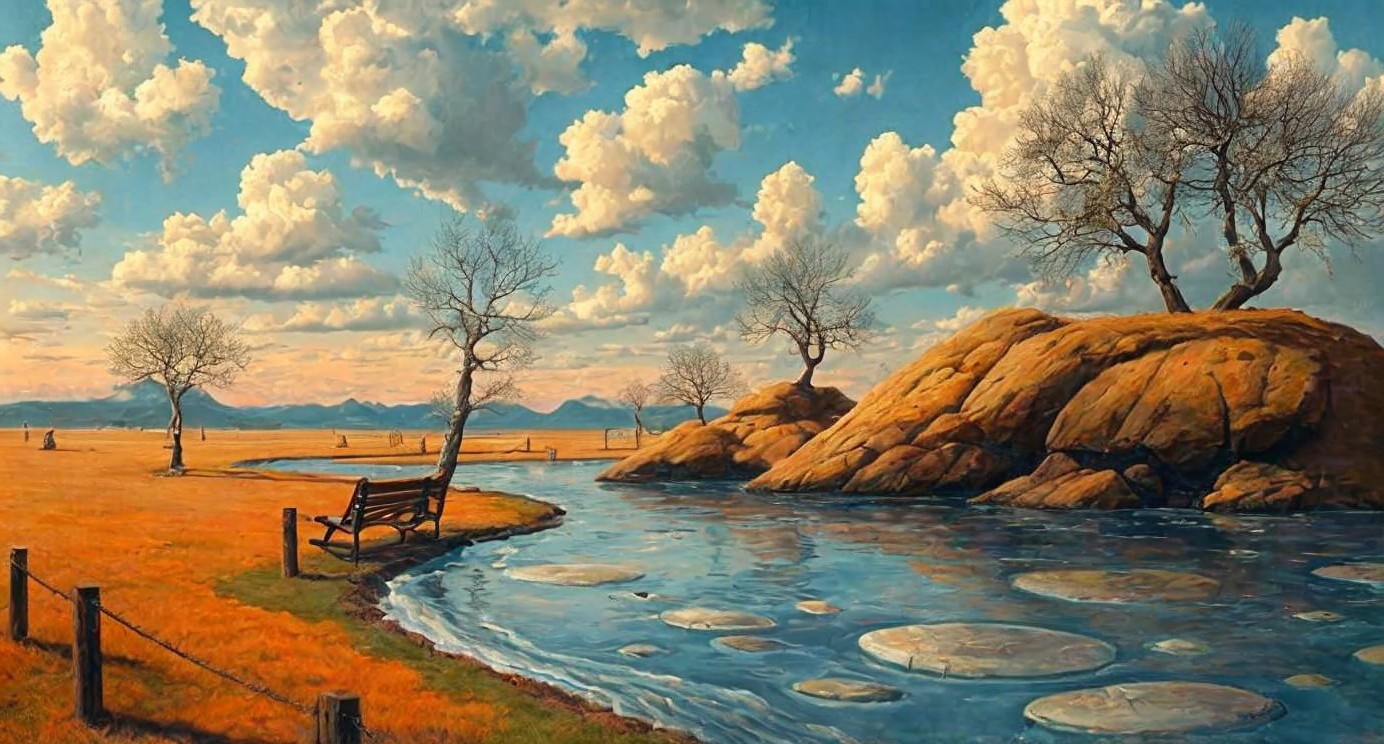 Tranquil River in a Golden Field Landscape