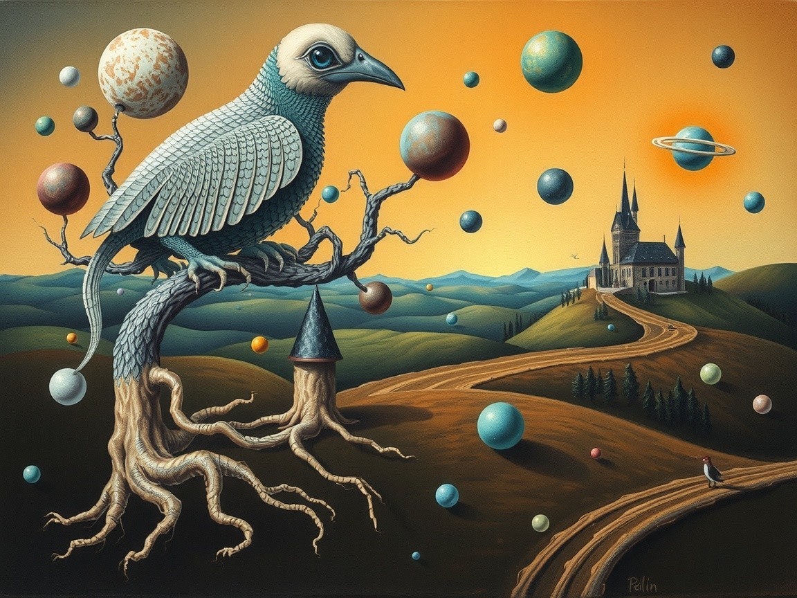 Surreal Landscape with Oversized Bird and Castle