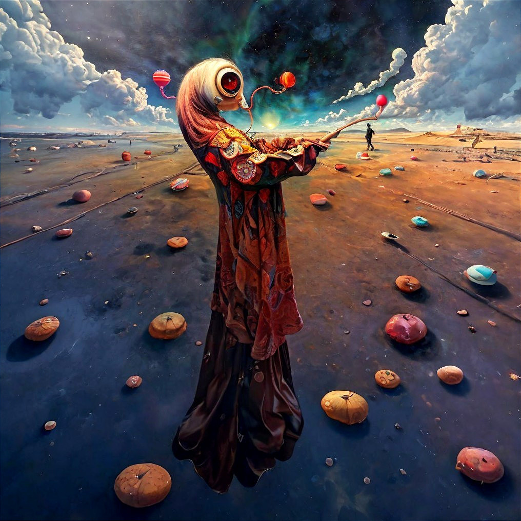 Surreal Landscape with Oversized Eyes and Colorful Planets