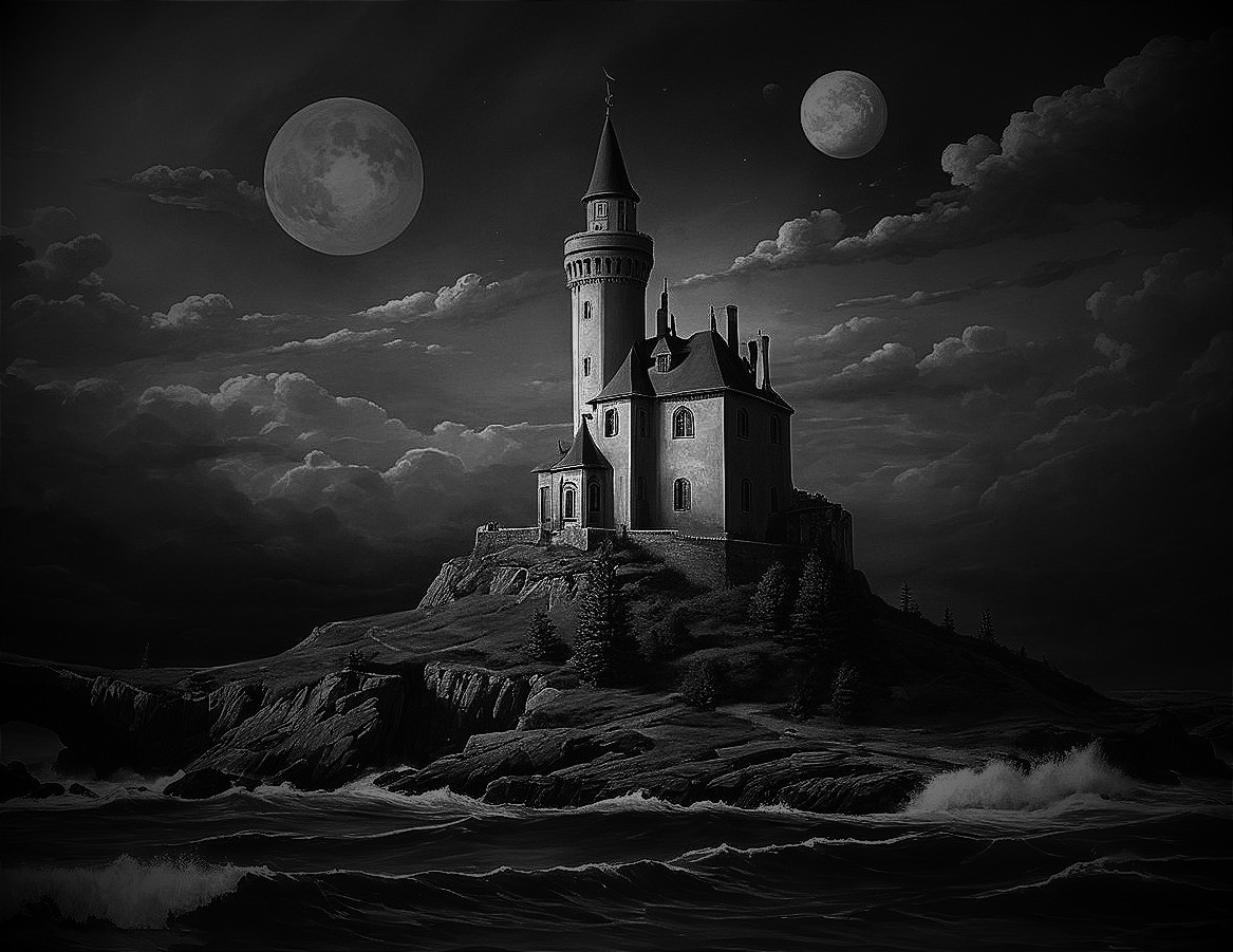 Majestic castle on a cliff under two moons