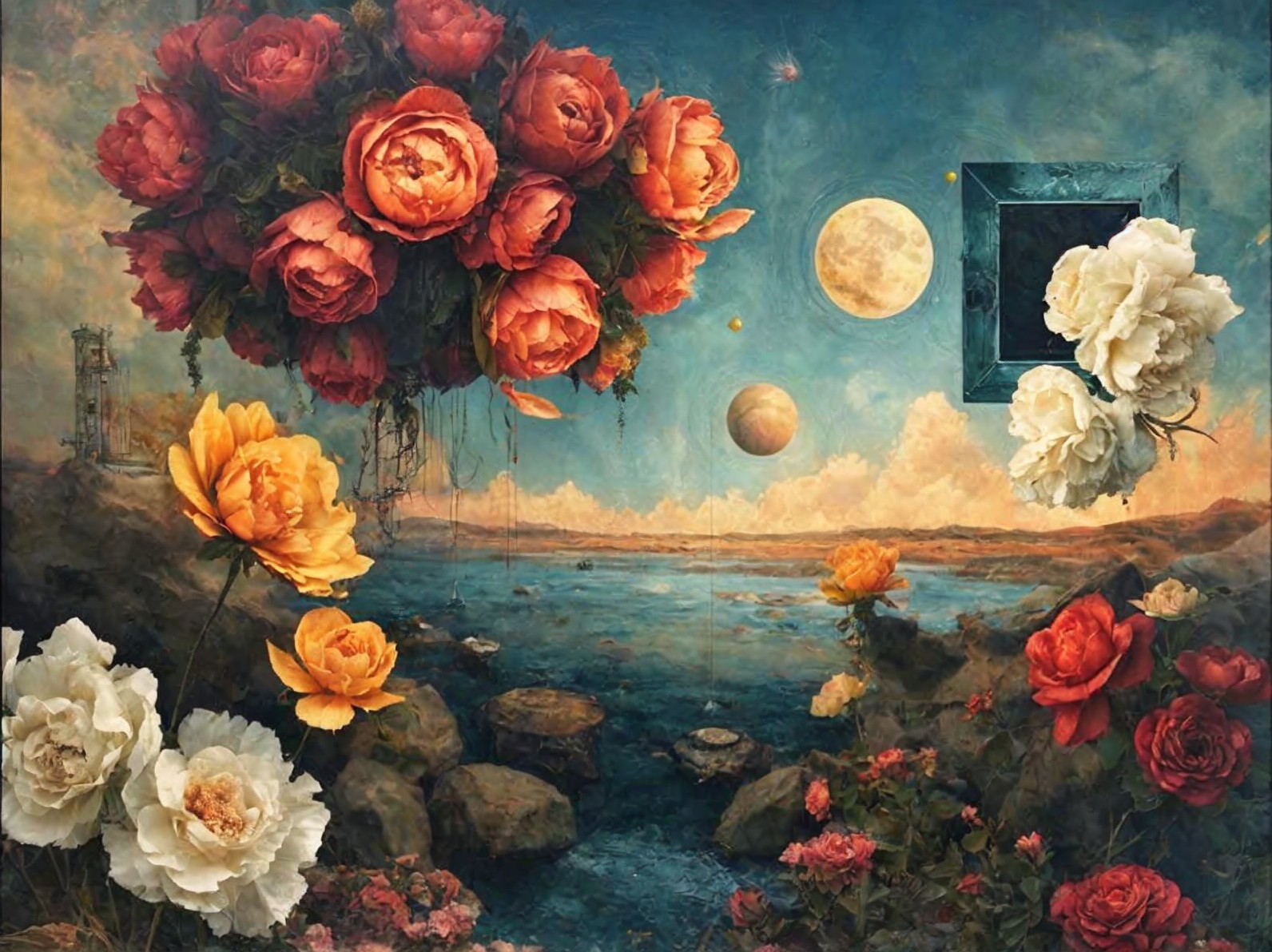 Surreal Landscape with Vibrant Roses and Cosmic Elements