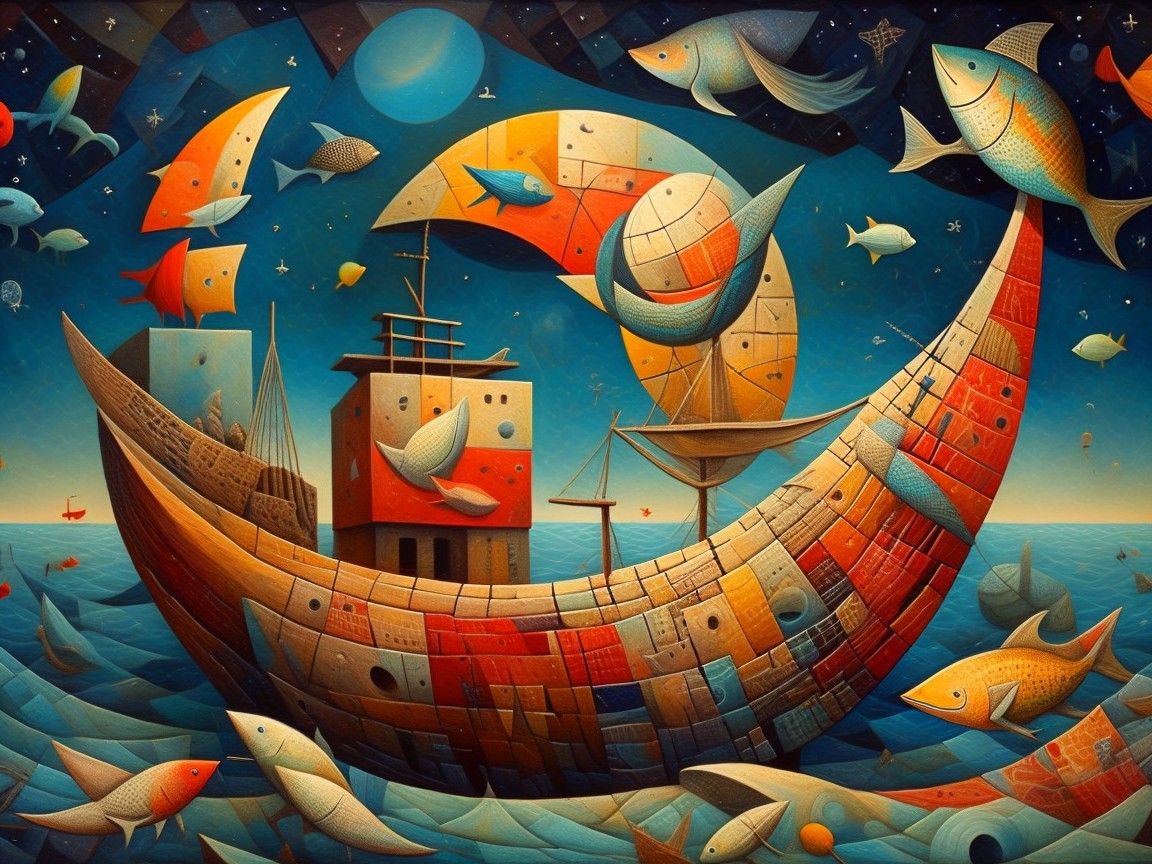 Surreal Maritime Scene with Crescent Moon Ship