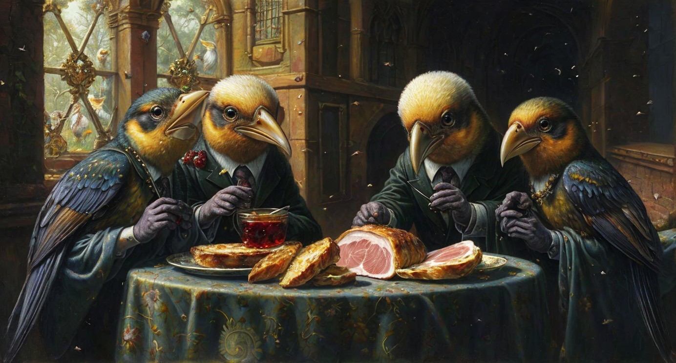 Victorian Birds Dining at a Lavish Table Setting