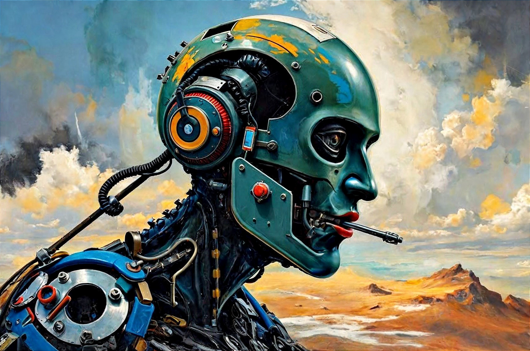 Oil Painting of a Female Cyborg with Metallic Features