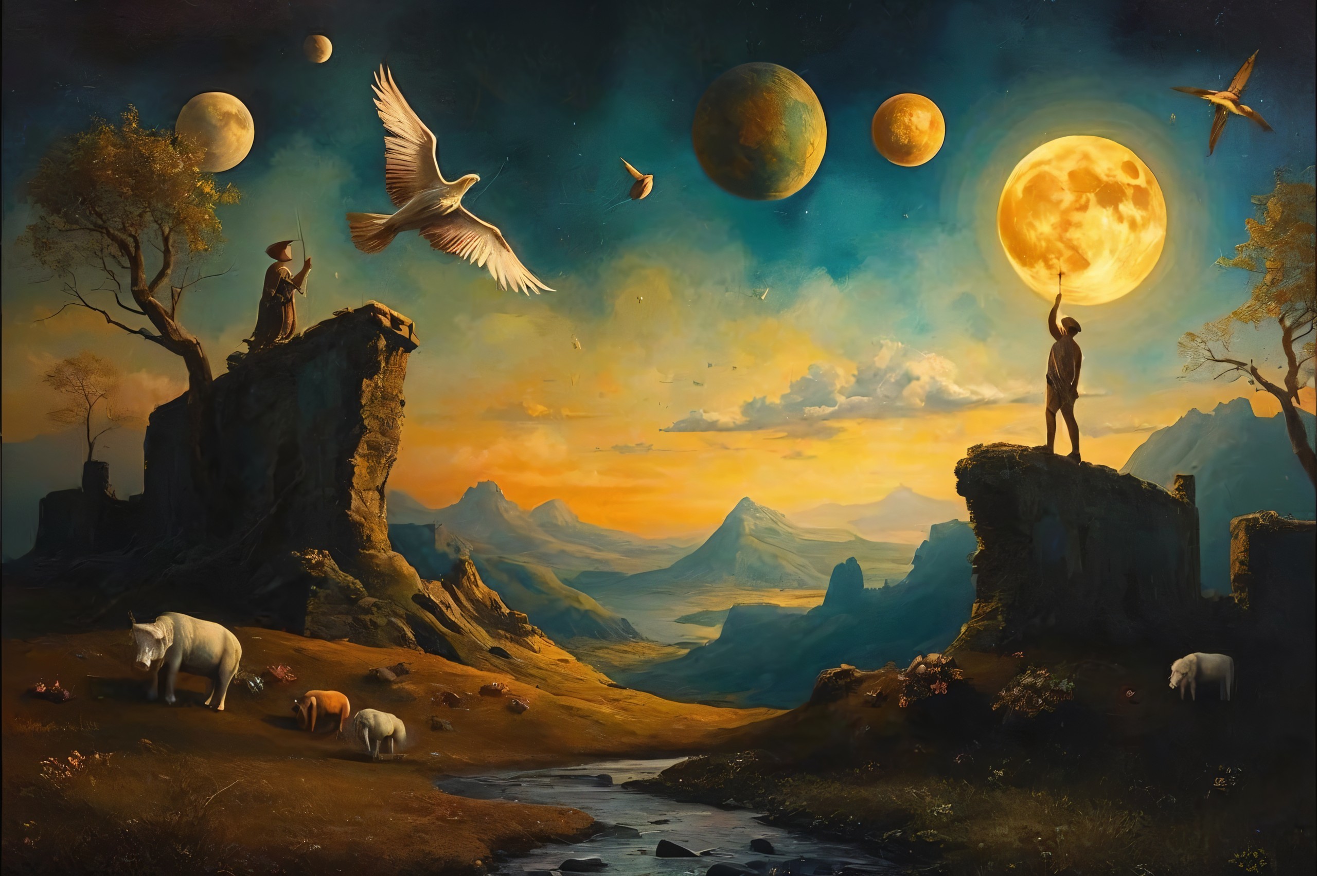 Surreal Landscape with Mountains, Stream, and Planets