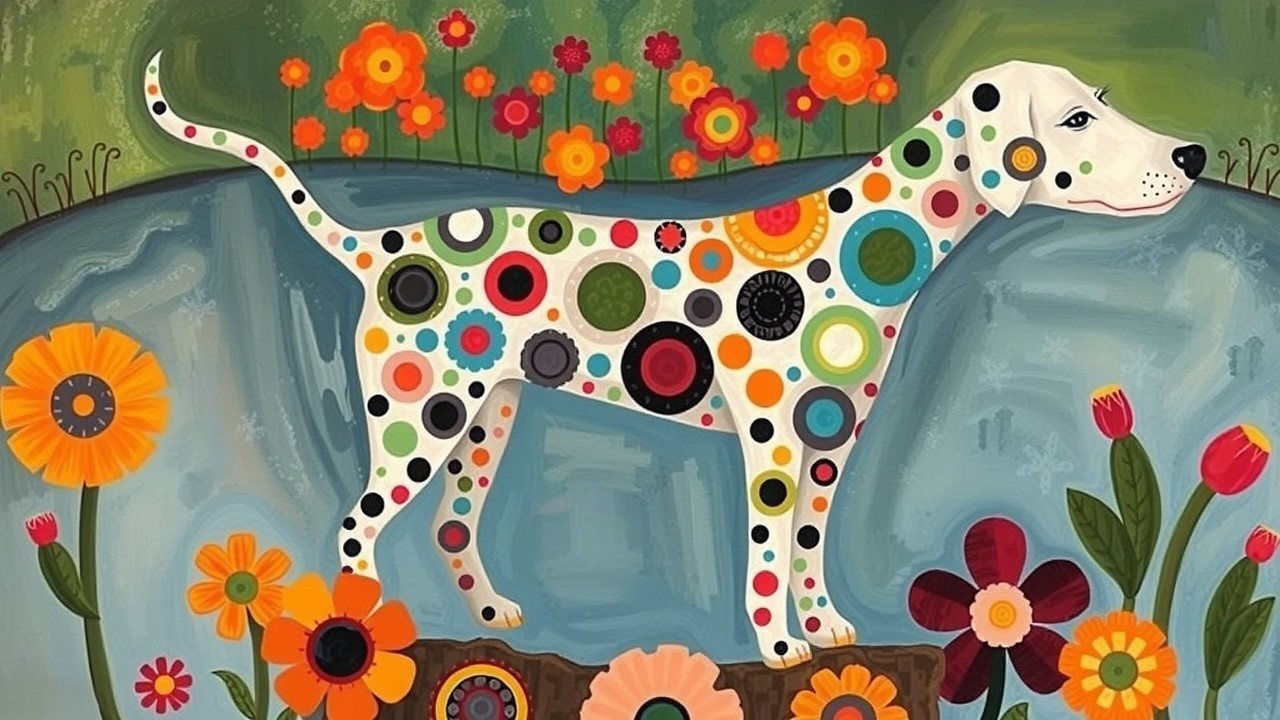 Stylized Dog on Colorful Earth with Vibrant Blooms