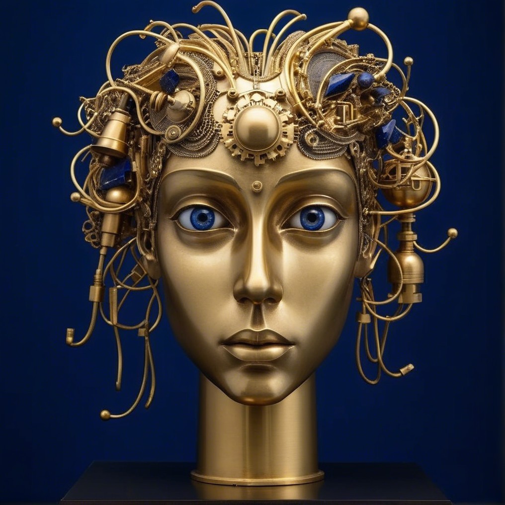 Humanoid sculpture in gold tones with mechanical elements
