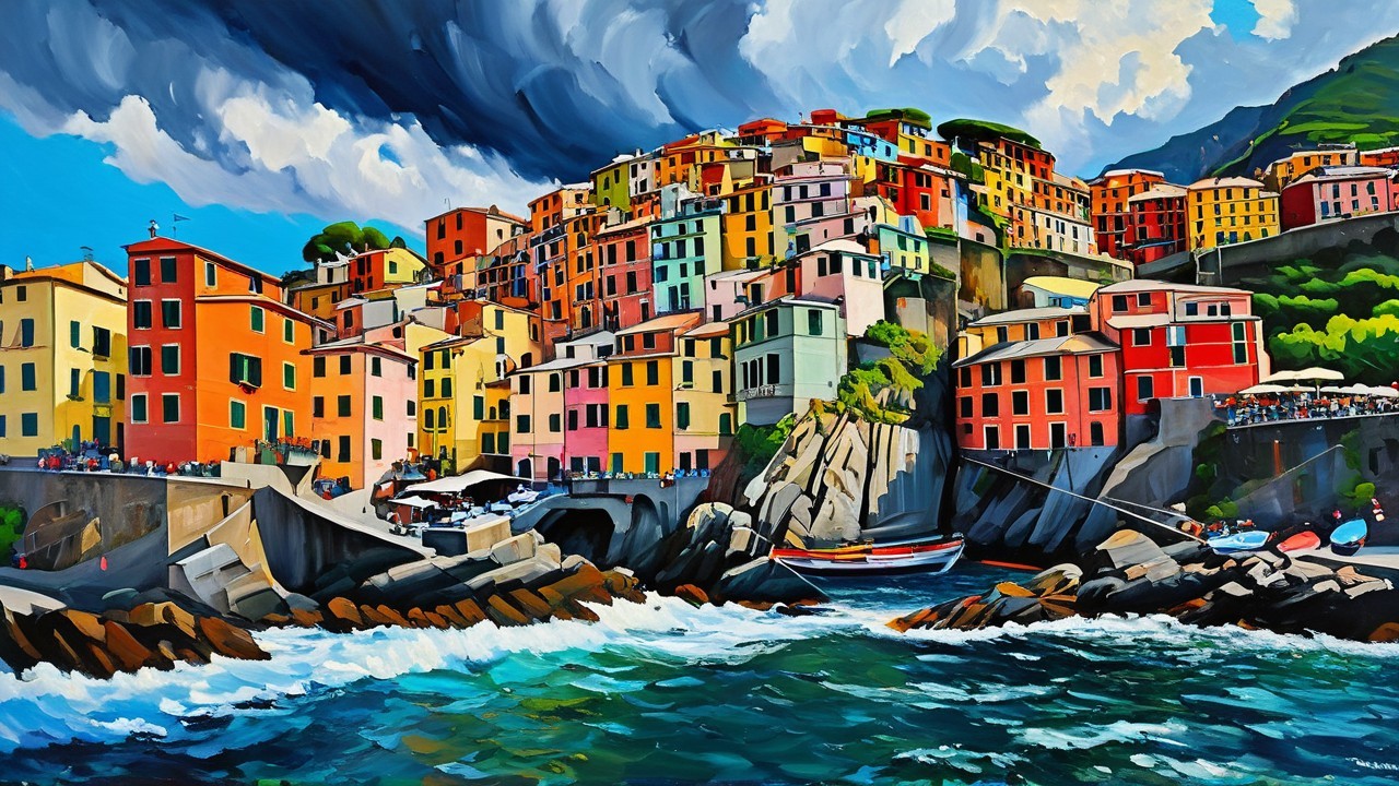 Vibrant Coastal Village with Colorful Architecture