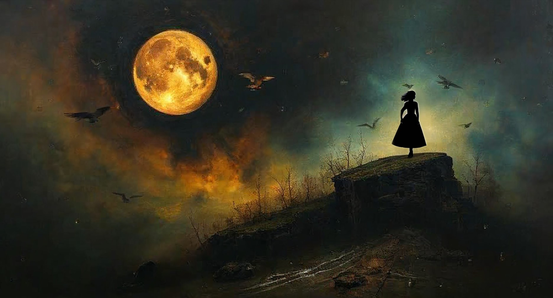 Silhouette by Full Moon in a Dramatic Sky