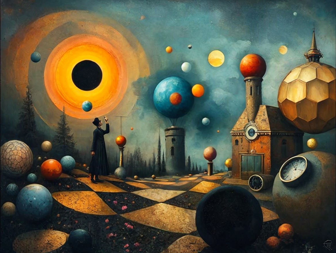 Surreal Landscape with Celestial Scene and Geometric Shapes