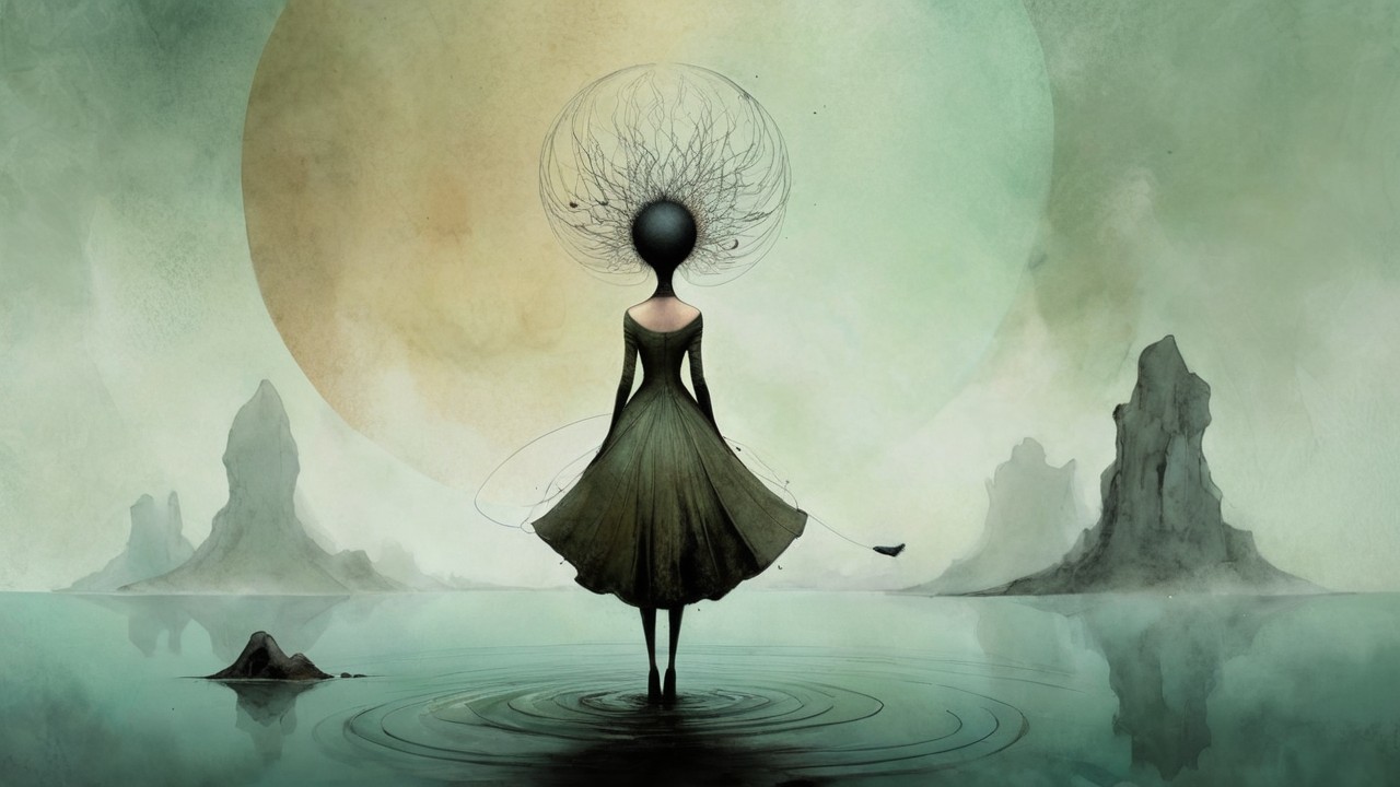 Surreal landscape with dark figure on calm water