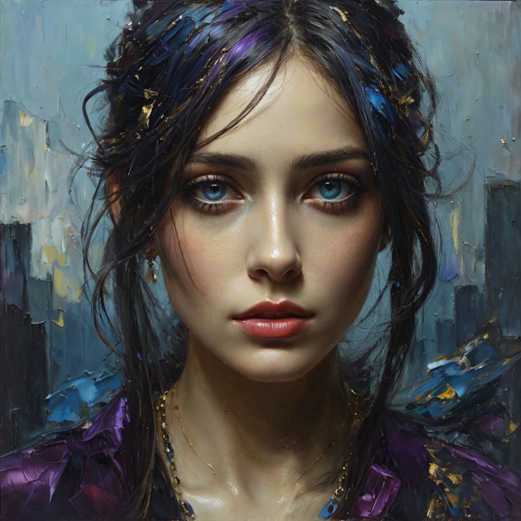 Portrait of a Young Woman with Blue Eyes and Purple Garment