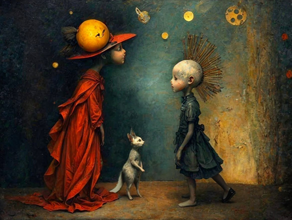 Whimsical Figures in a Surreal Celestial Setting