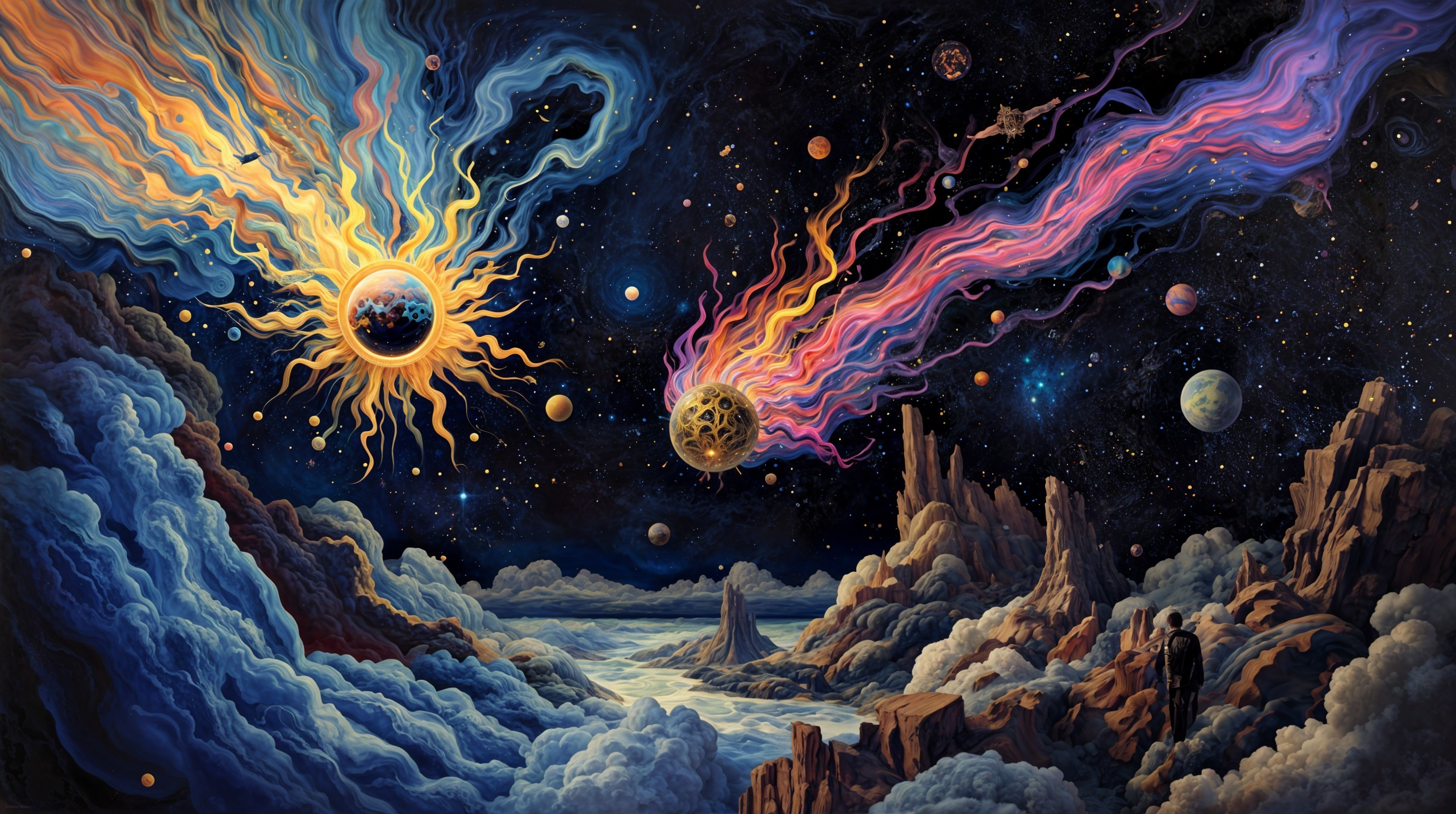 Vibrant Cosmic Scene with Fiery Sun and Colorful Celestial Body