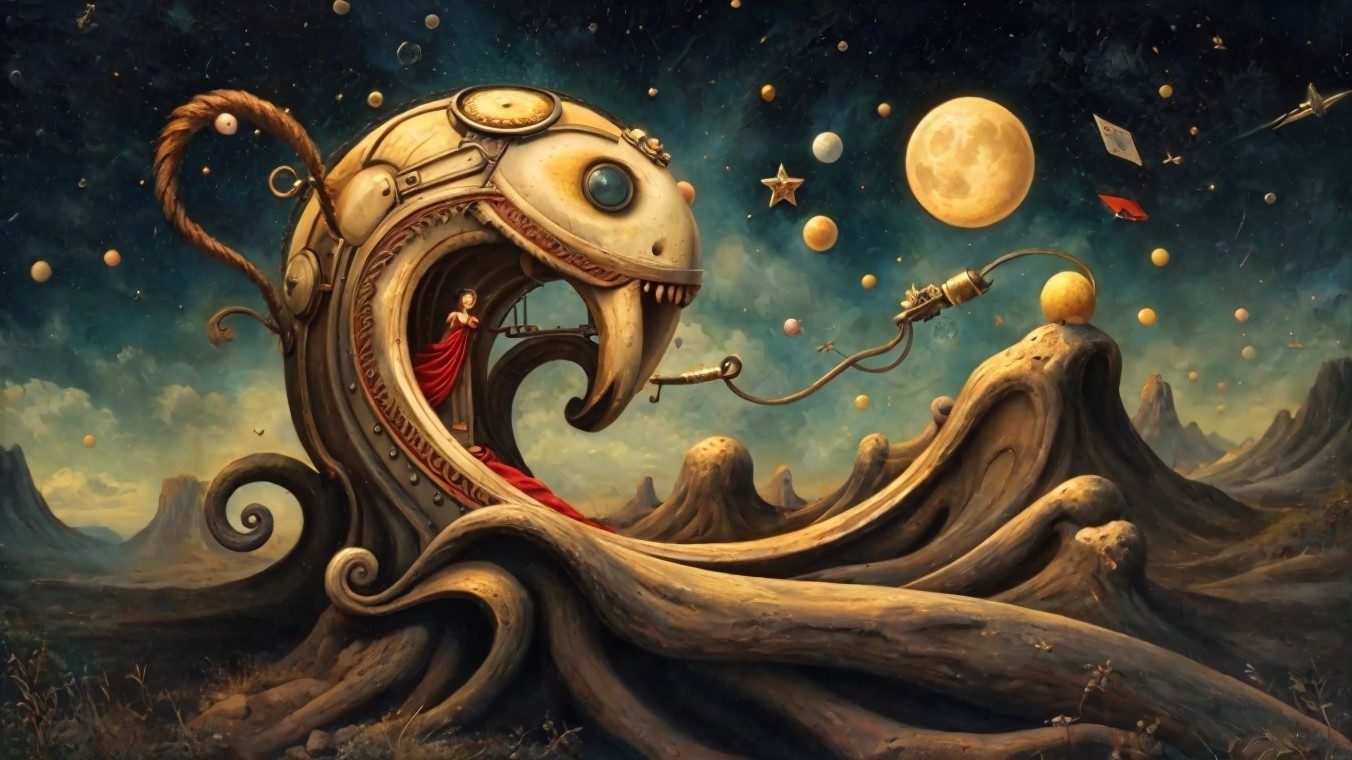 Giant Skeletal Fish in Surreal Fantasy Landscape