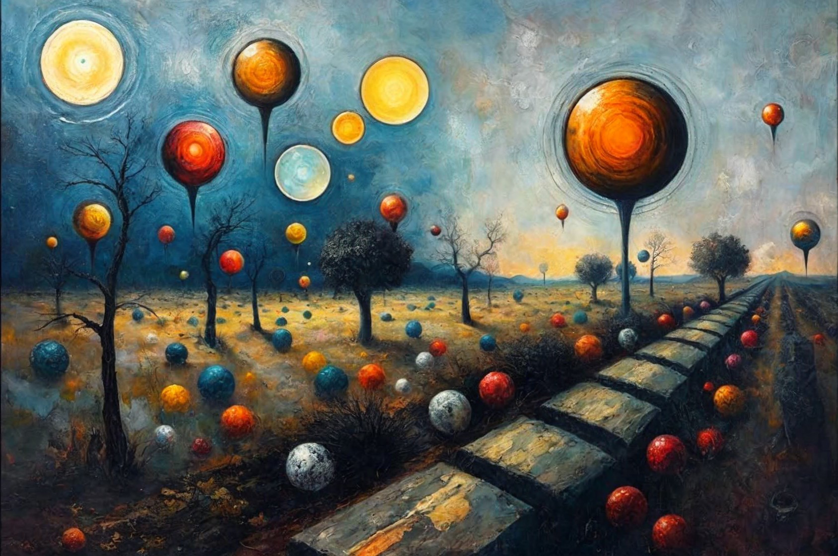 Surreal Landscape with Barren Field and Floating Orbs