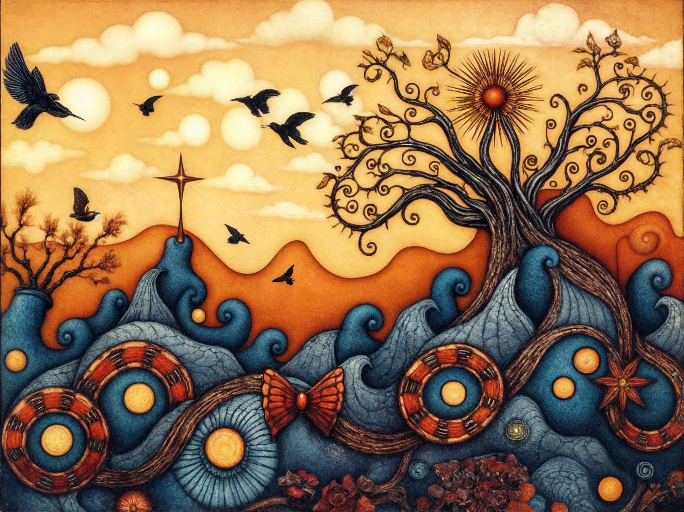 Surreal Landscape with Waves, Butterflies, and Trees