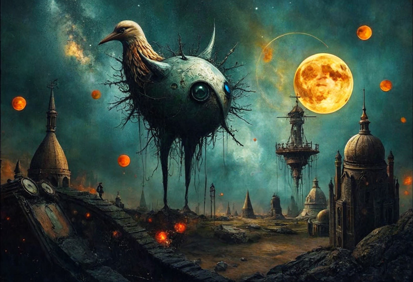 Surreal landscape with giant bird figure and spires