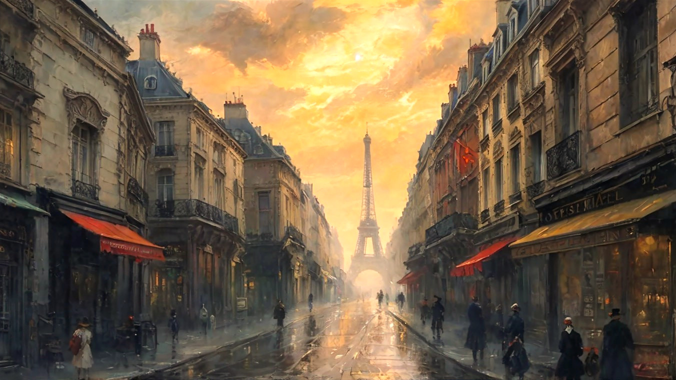 Parisian Street Scene at Dusk with Eiffel Tower