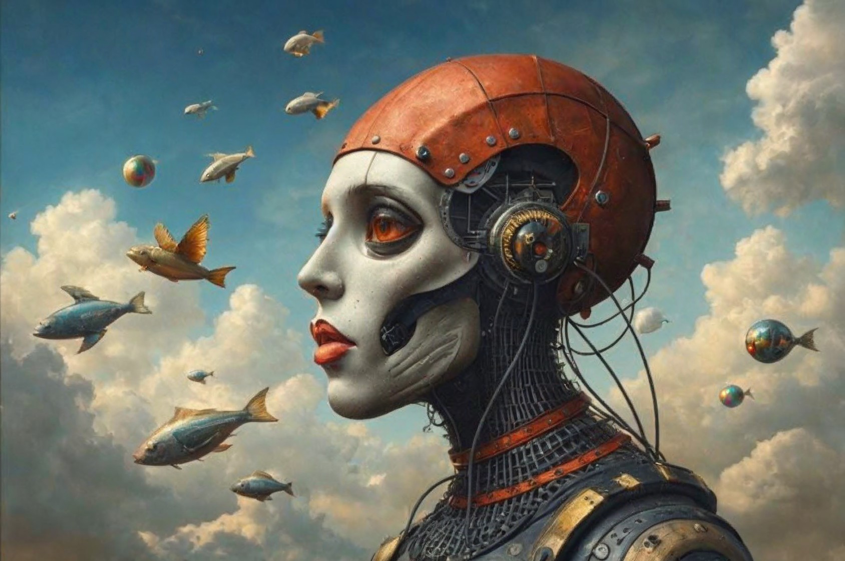 Humanoid Robot in Surreal Dreamlike Environment
