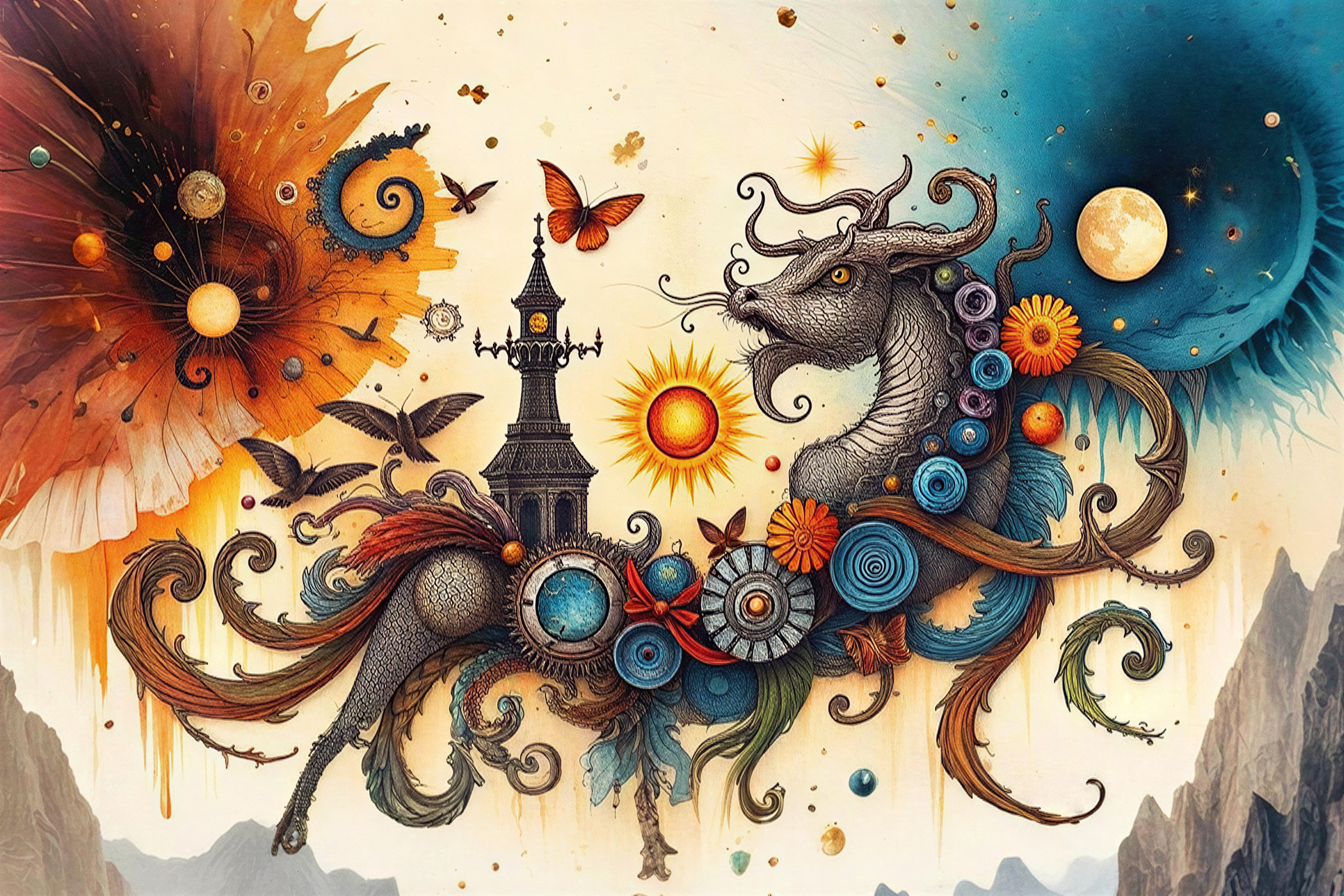 Fantastical Dragon and Clock Tower in Cosmic Landscape
