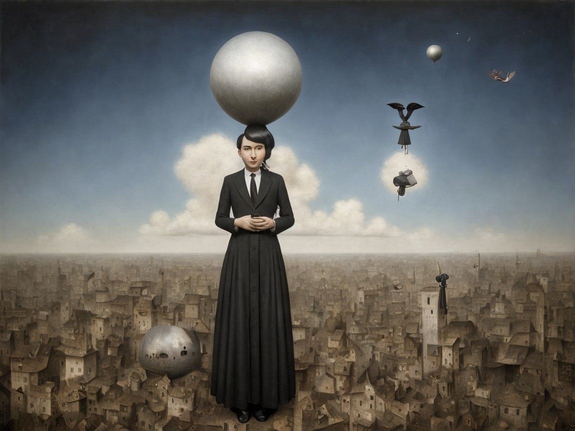 Surreal Landscape with Reflective Sphere and Figure