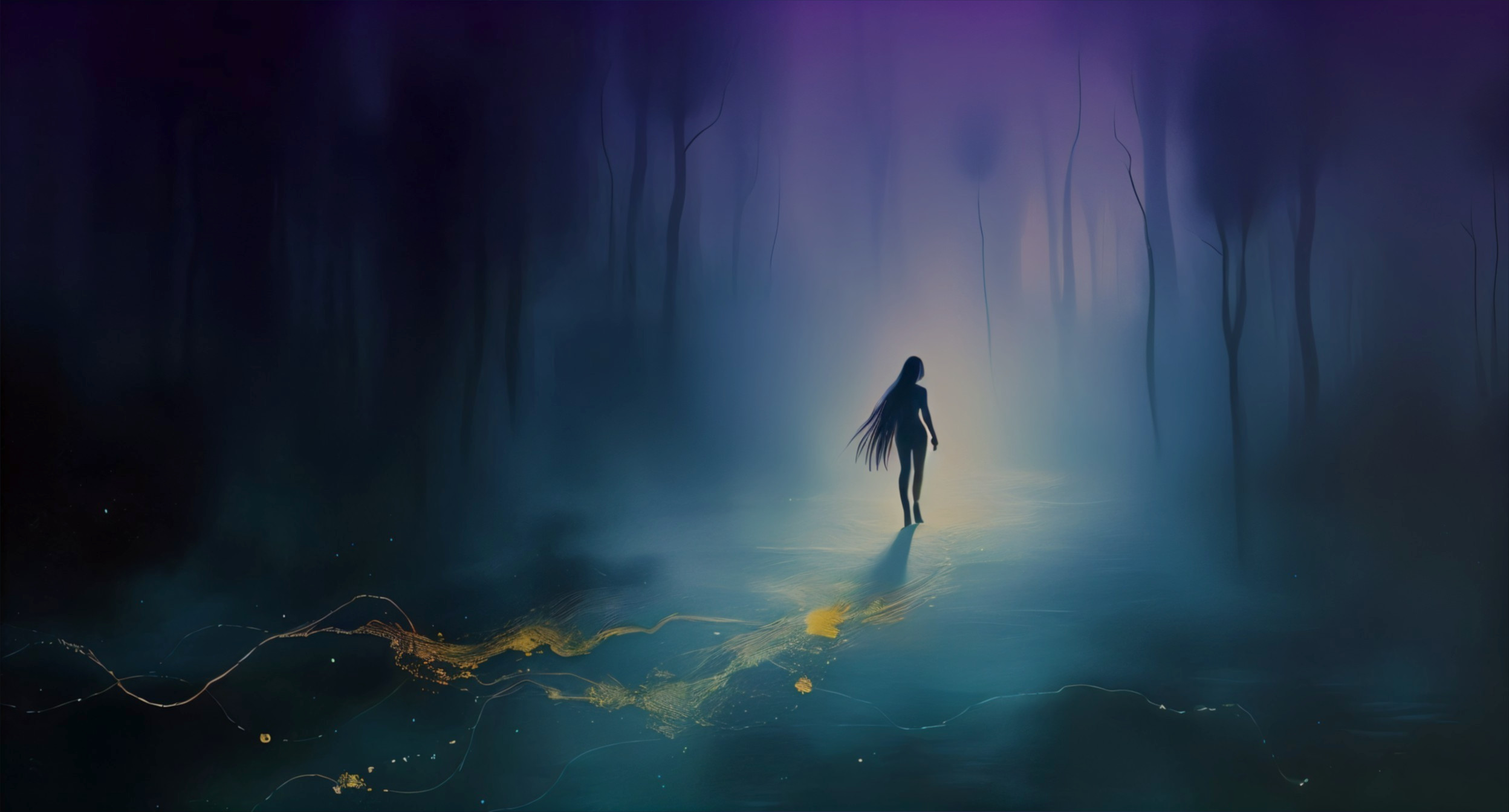Silhouette in a Misty Forest with Ethereal Light