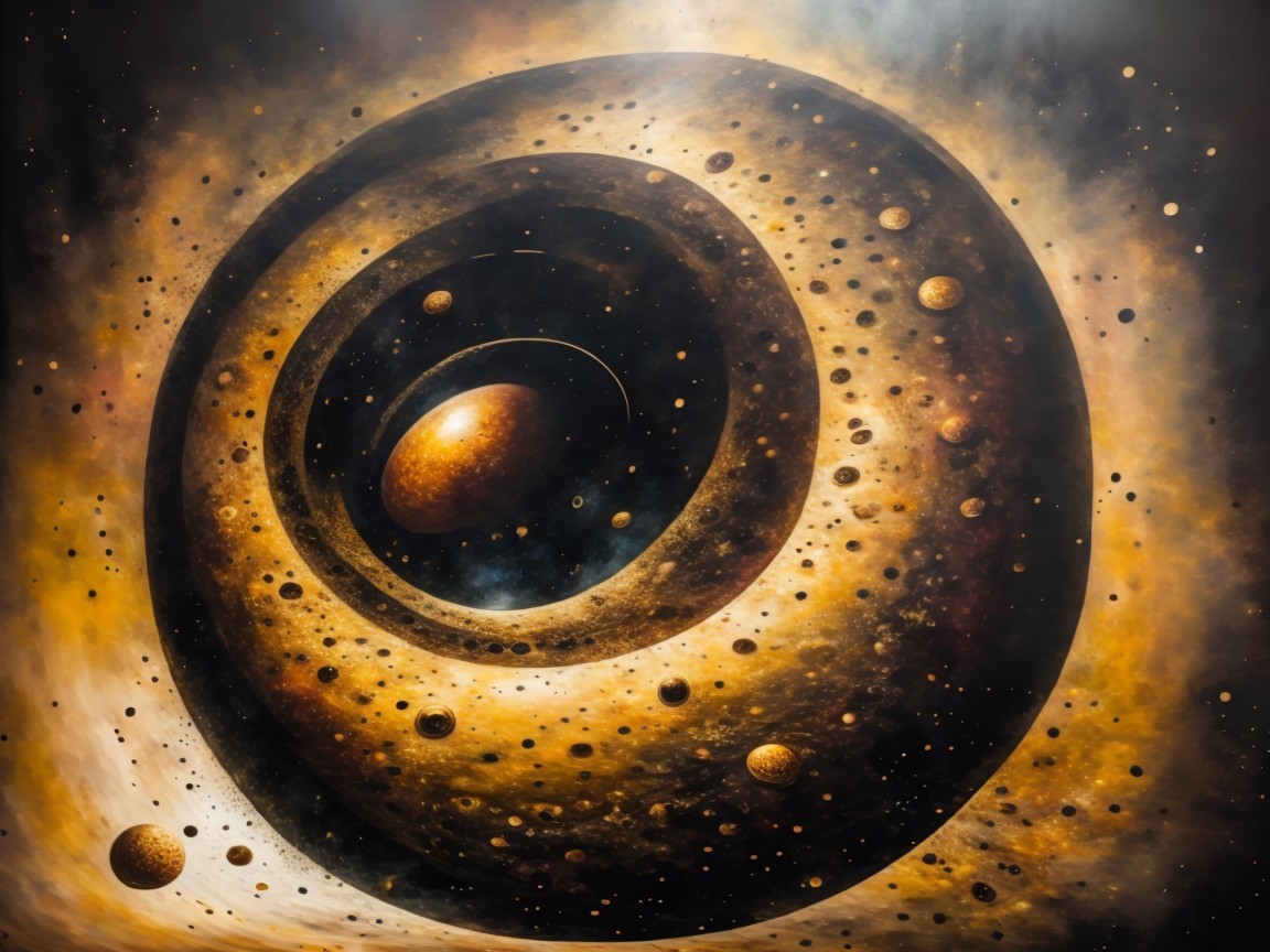 Abstract Cosmic Scene with Concentric Rings and Celestial Bodies