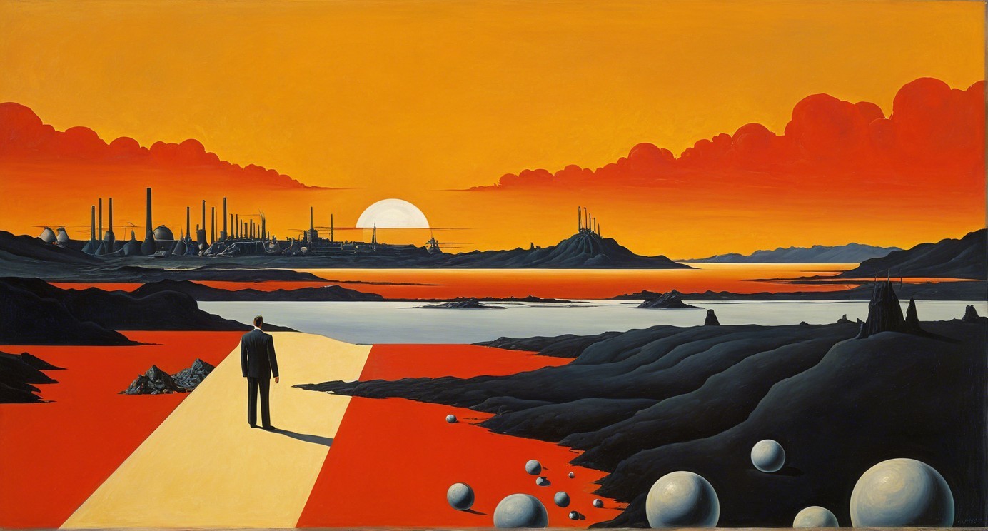 Surreal Landscape with Dramatic Sunset and Solitary Figure