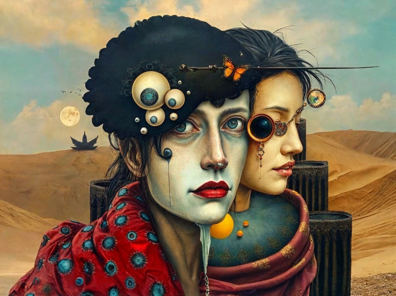 Intertwined Faces in Surreal Desert Artwork