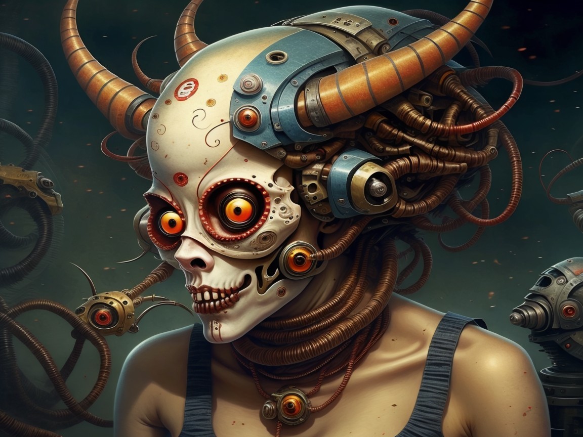 Surreal Cybernetic Figure with Skull Face and Horns