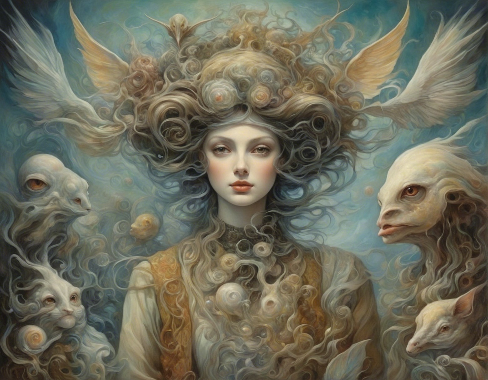 Mystical Woman Surrounded by Whimsical Creatures