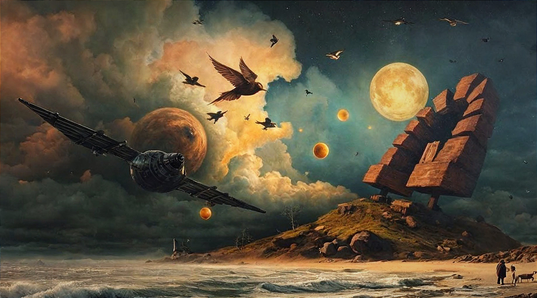 Surreal Coastal Landscape with Celestial Elements