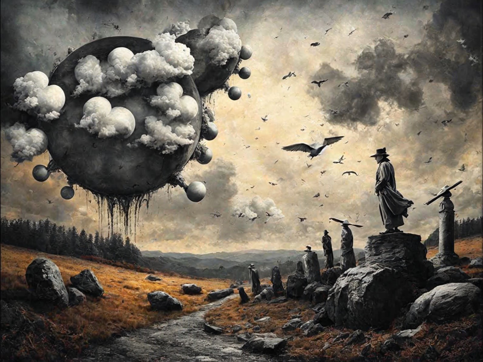 Surreal Landscape with Towering Stones and Celestial Body