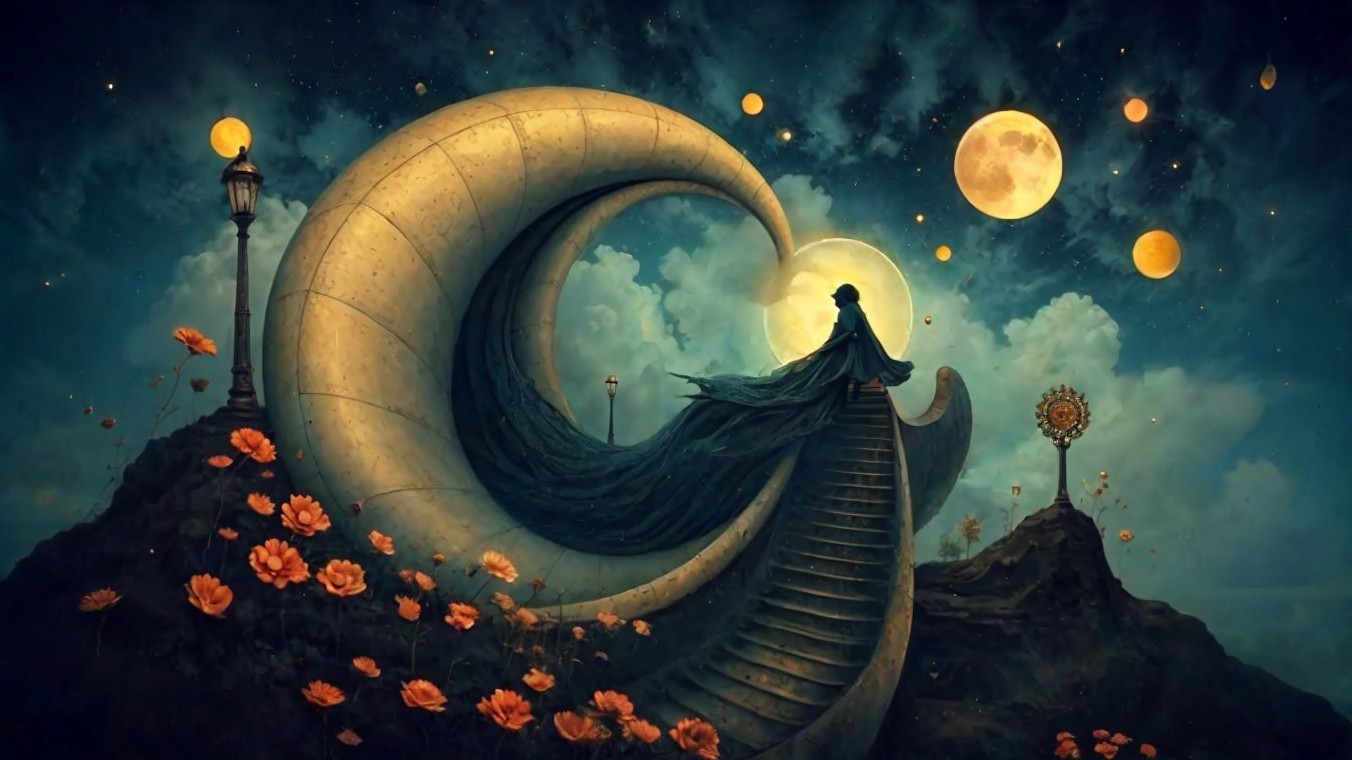 Surreal Scene with Staircase to a Luminous Moon
