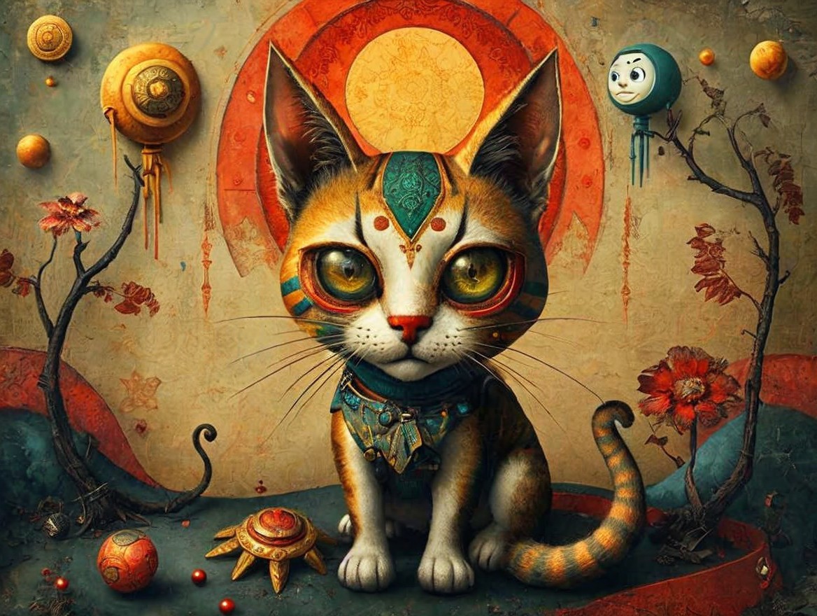 Mystical Cat in Vibrant Symbolic Landscape