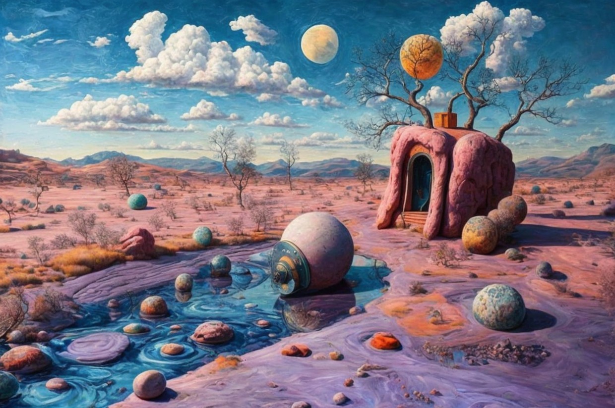 Surreal Landscape with Unique Rock Formations and Pond