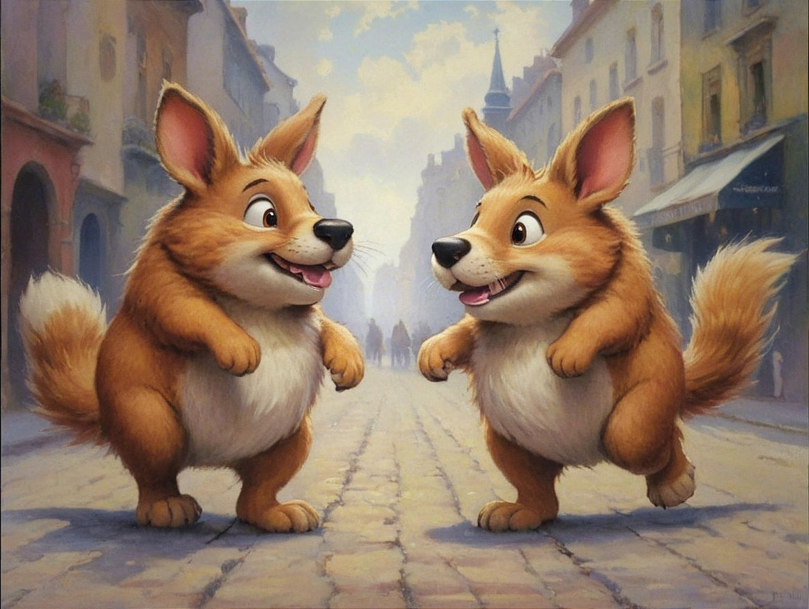 Cartoon Corgis Play in Quaint Cobblestone Street