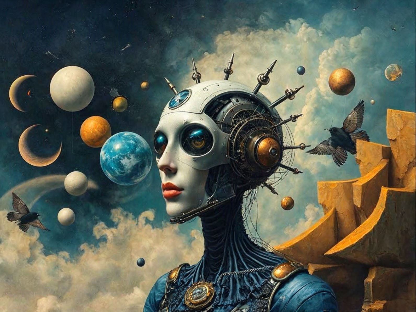 Futuristic humanoid figure in celestial landscape