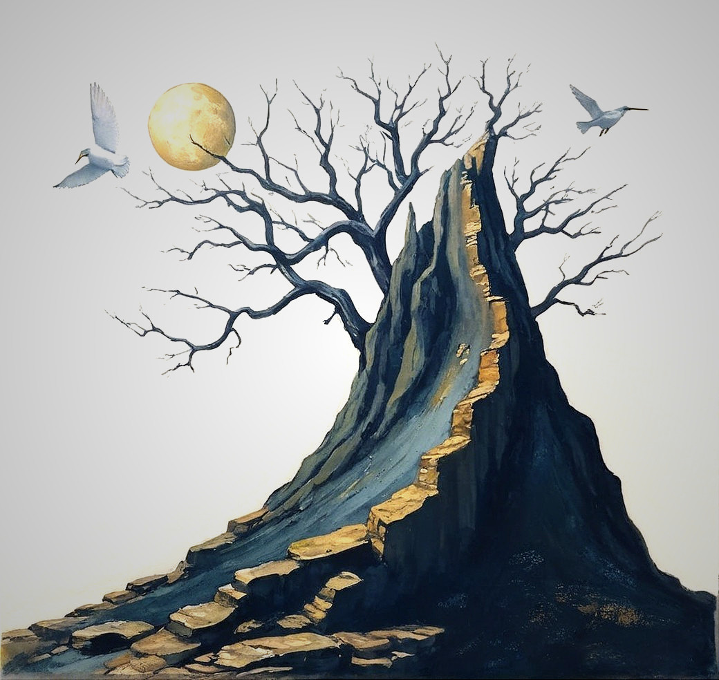 Dramatic Rock Formation with Moon and Birds in Sky