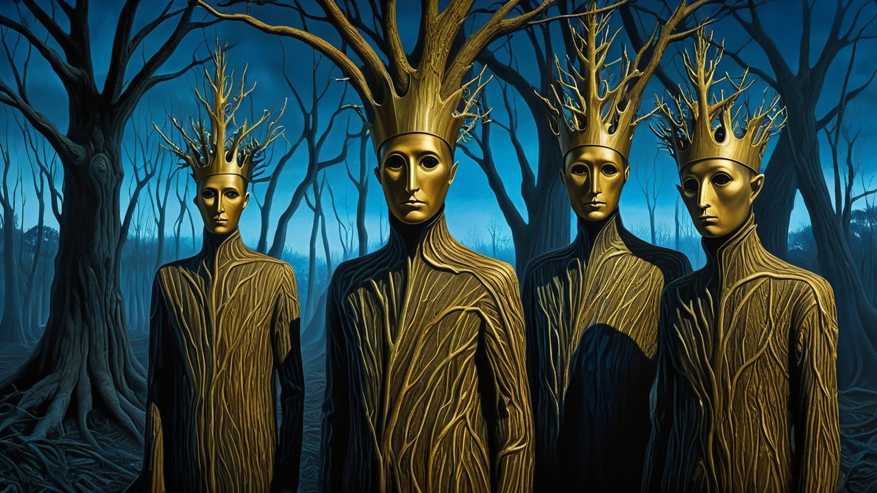 Surreal Figures in Dark Forest with Golden Crowns